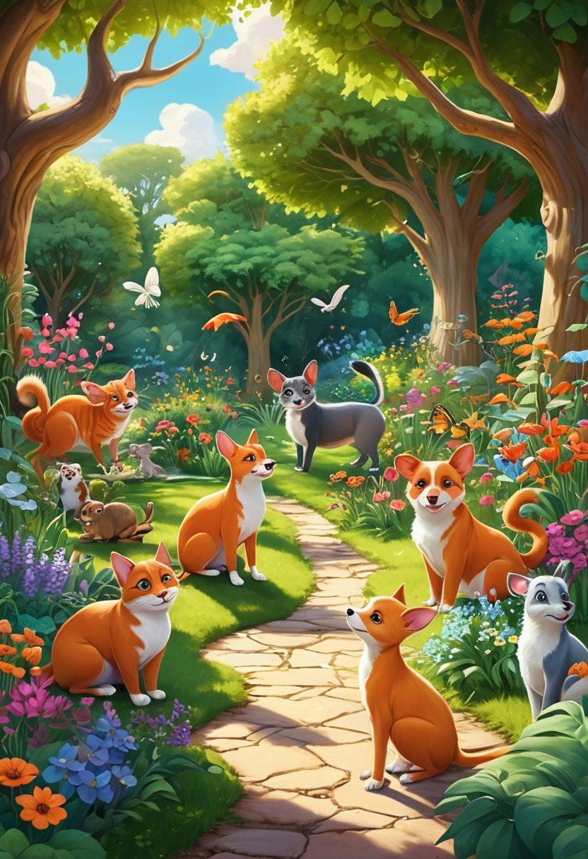 A whimsical scene featuring a variety of animated pets playing joyfully in a lush, vibrant garden, alongside a few wild animals peeking through the trees, all displaying cartoonish charm. The colors should be bright and inviting, with a sense of movement and fun, showcasing the playful nature of both pets and wild animals. A sunlit background enhances the enchanting atmosphere. cartoon style. vibrant colors. whimsical art.