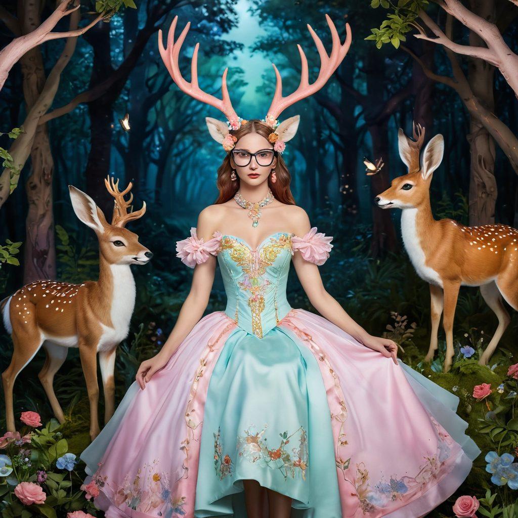 A vivid scene depicting a fantastical forest where anthropomorphic animals with alluring features interact playfully, adorned with whimsical costumes. Include a majestic stag with ornate antlers and a seductive gaze, a graceful fox in an elegant dress, and a charming rabbit with oversized glasses reading a book. Bright, lush foliage surrounds them, accentuated by sparkling lights and dreamy pastel colors to evoke enchantment. surrealism. vibrant colors. whimsical style.